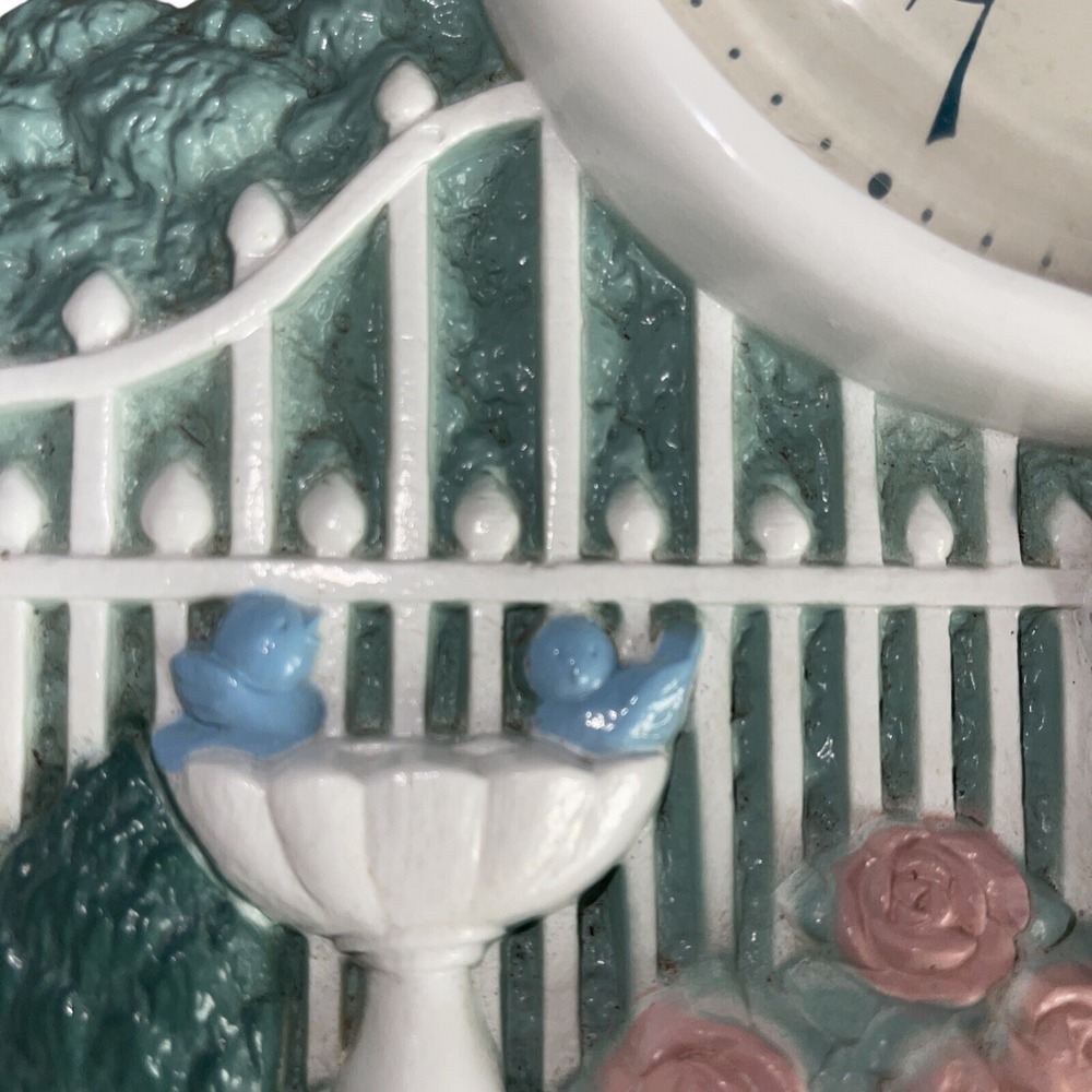 Homco Quartz Bunny Rabbit Garden Scene Mantel Clock Pink Roses Gate - Picture 9 of 16